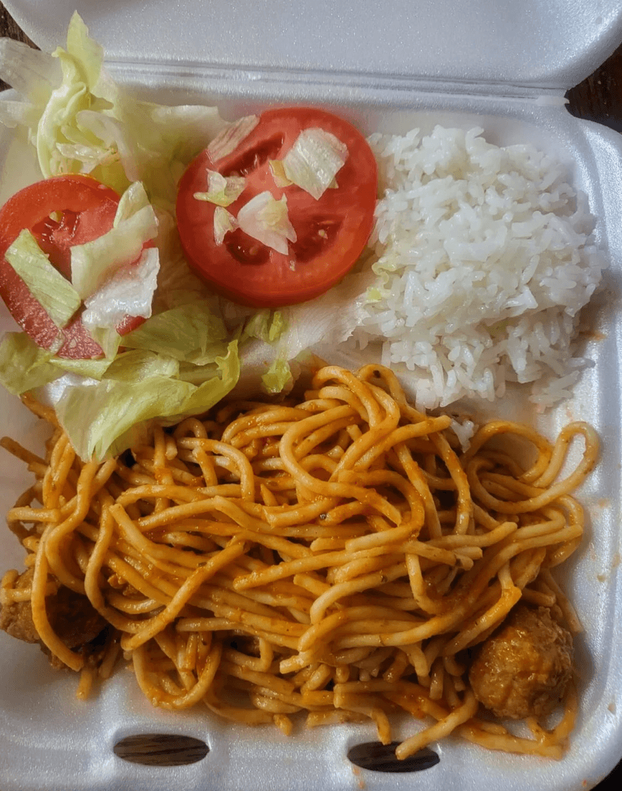 White Rice, Spaghetti with Meatballs & Salad
