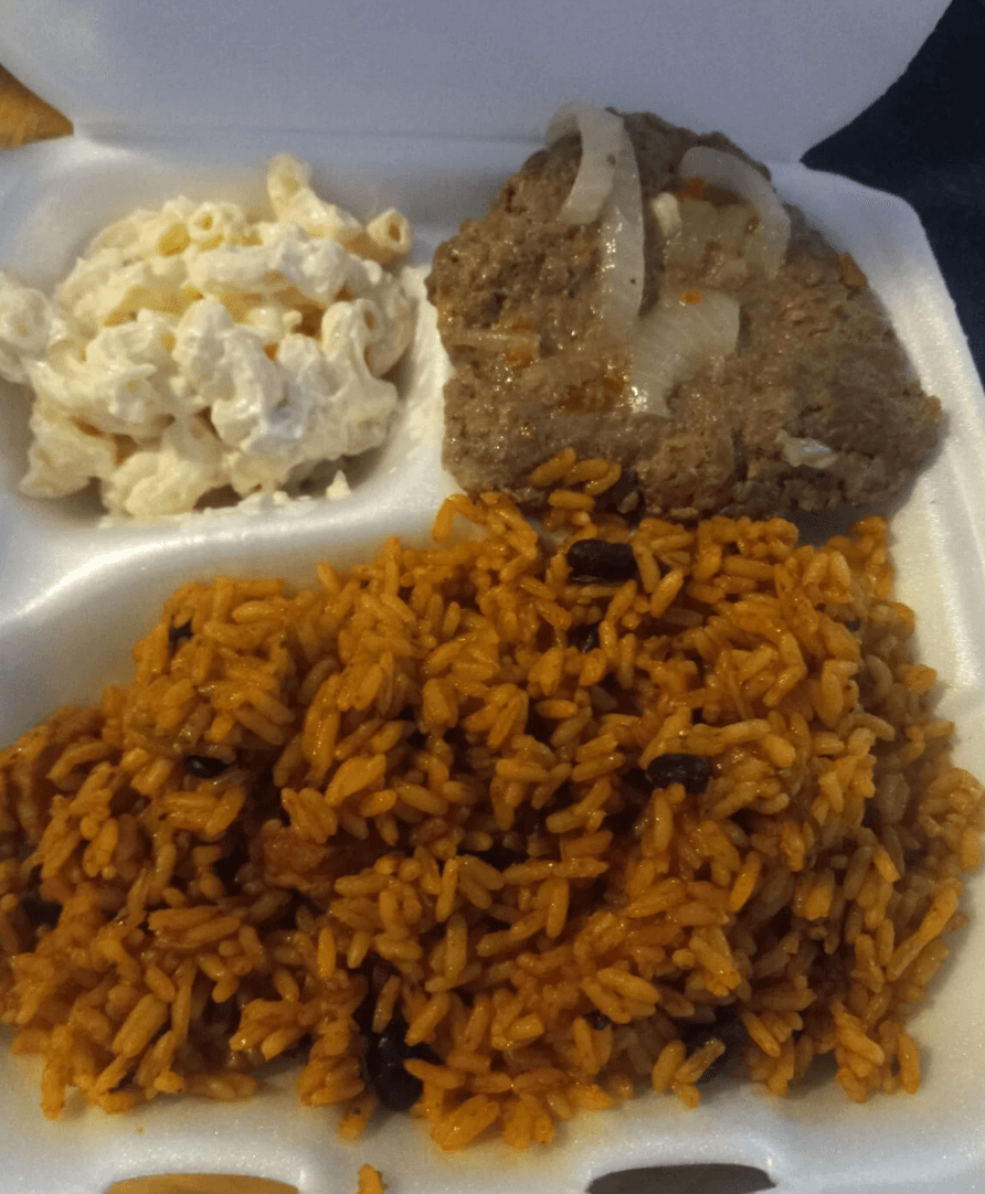 Rice with Black Beans, Macaroni Salad & Steak with Onions