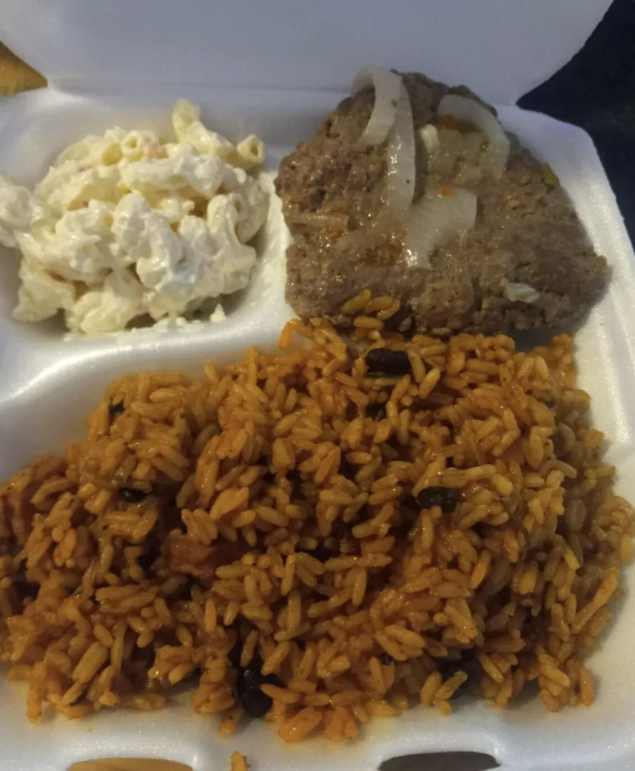 Rice with Black Beans, Macaroni Salad & Steak with Onions