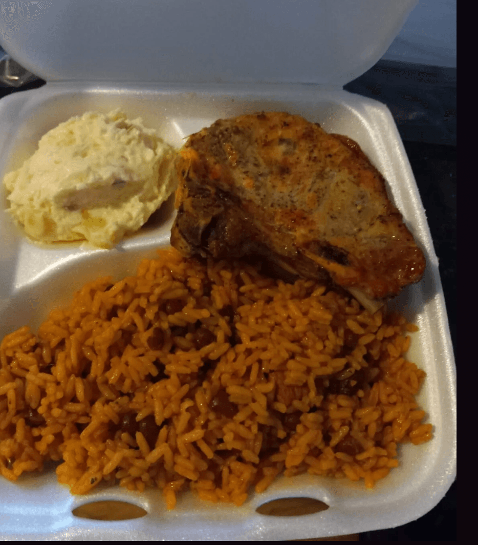 Rice with Red Beans, Pork Chops & Potato Salad