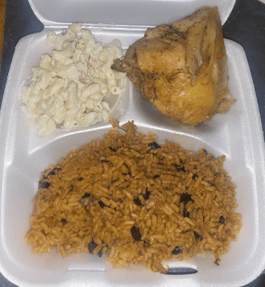 Rice with Black Beans, Fried Chicken & Macaroni Salad